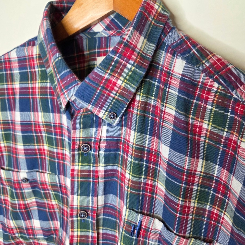 Johnnie-O Hangin Out Mens XL Plaid Button Down Shirt Cotton Multi-Color Navy Red